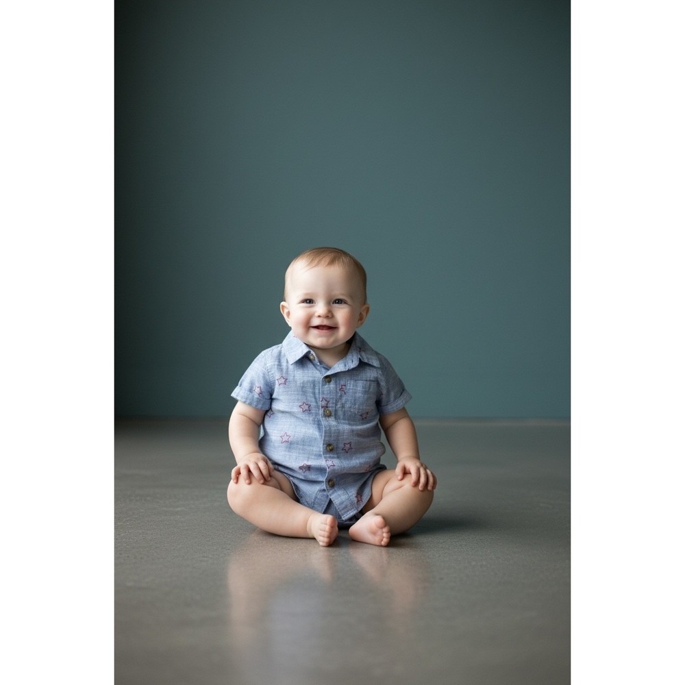 Cat & Jack Baby Boy Blue Chambray Red Star Short Sleeve Button Down Shirt 6-9M